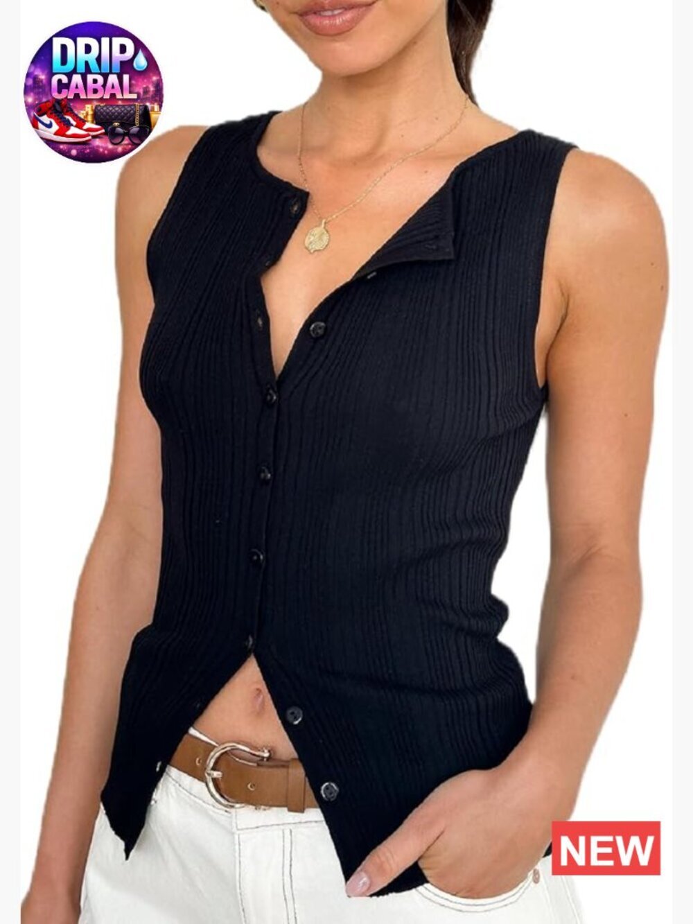 Slim Fit Sleeveless Ribbed Knit Tank Crop Top Button Down Vest